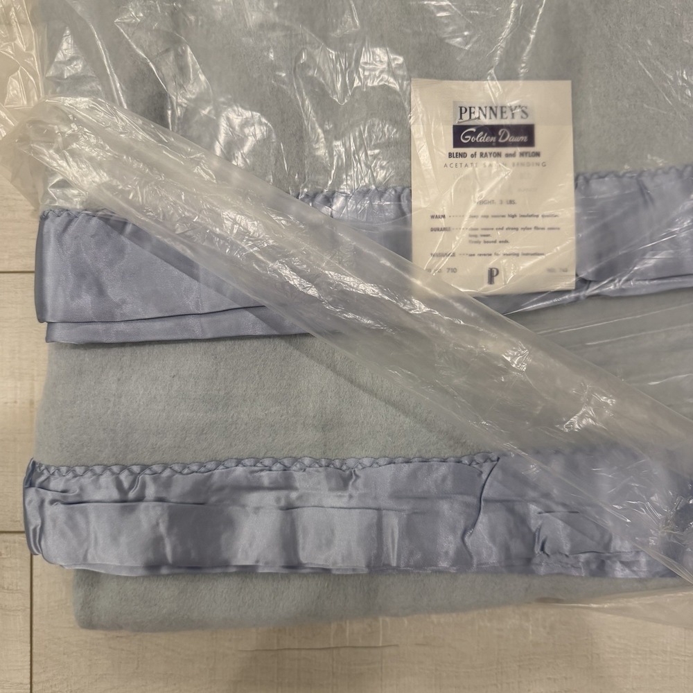 Vintage Penney's GOLDEN DAWN Blanket Blue Satin Trim Edge Double/Twin 72" x 84"